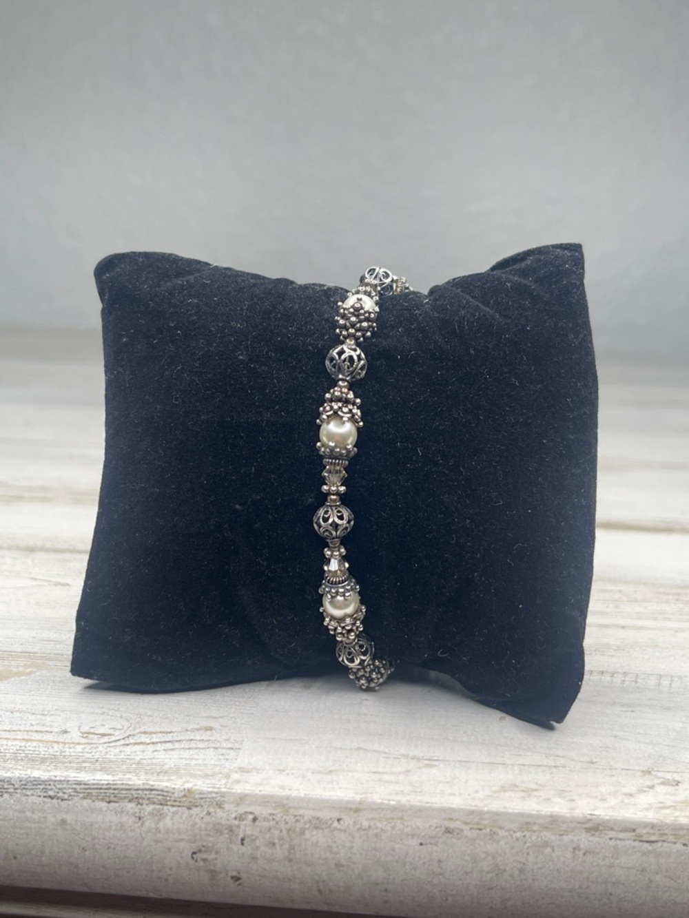 Sterling Silver Bali Style Pearl Beaded Bracelet Vintage Inspired